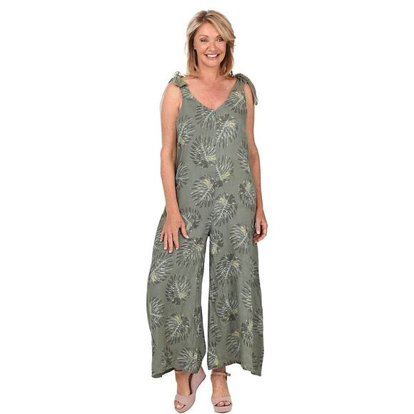 Women’s Small 100% Linen Olive Print Wide Jumpsuit Shoulder Bows Boho Lagenlook - Picture 3 of 16